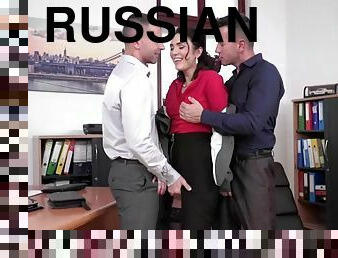 Brunette russian geni juice gets double teamed in the office