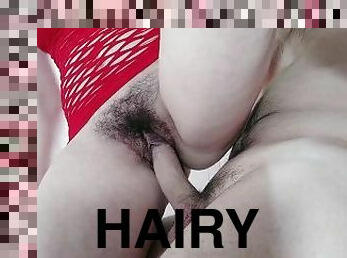 Girl with hairy pussy riding on dick