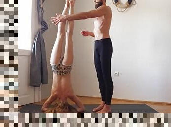 Workout yoga exercise together for the first time