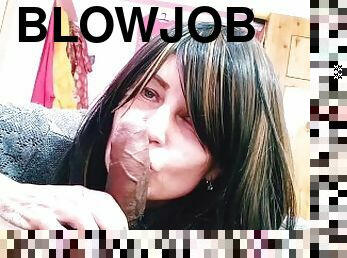 Hot slobbering blowjob close-up, gentle cock swallowing milf