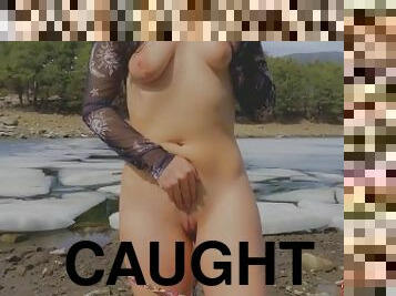 Exposed girlfriend flashing herself on the frozen lake in front of people, caught in public!!