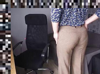 Hot secretary teases visible panty line in tight work pants