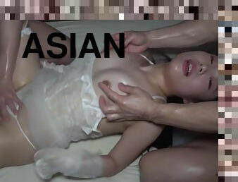 asiatisk, tonåring, creampie, gruppsex, brunett