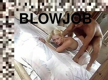 Tattooed Blonde Gives Blowjob To Long Cock That Cums On Her