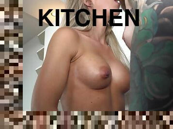 Sabrina Horny Teen with perky tits fucked by boyfriend in the kitchen - amateur hardcore with cumshot