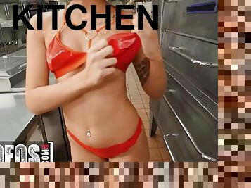 Waitress Kimora Quin is so horny she asks for her co-workers cock in the kitchen - Mofos