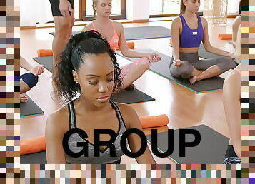 Group yoga session ends with sweaty pussy banging