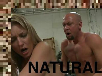 Big natural boobed blonde has her pussy slammed hard by bald guy