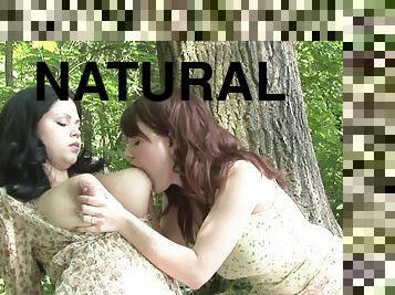 Young Dykes With Huge Natural Boobs Make Love In The Forest