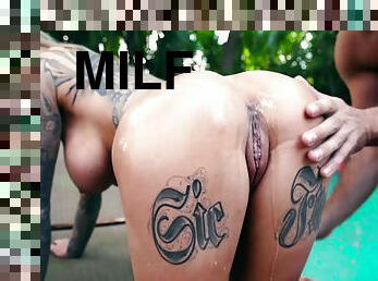 Inked milf with large tits fucked raw in the pool. HD. Enjoy!