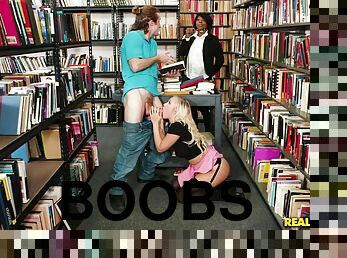 Hot blonde with medium boobs Bailey Brooke deepthroats big dick in library