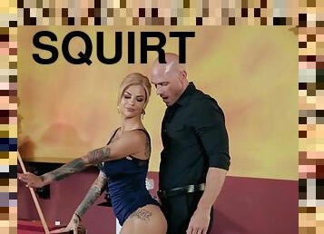 Bald headed dude fucks tattooed slut until she squirts