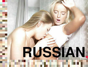 Fantastic blonde girlfriends having fun in the bathroom