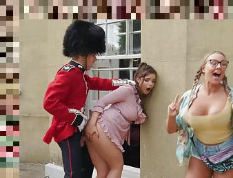 A busty slut Sofia seduces a guard on the street and unloads his manbag