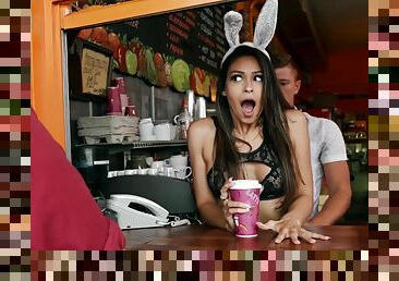 Brunette barista ads fresh sperm to her morning coffee