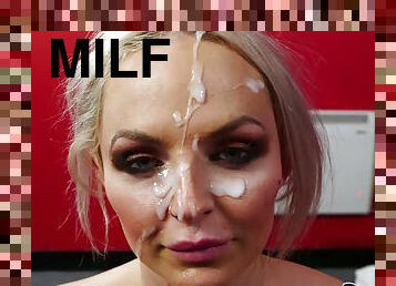 Gigantic cumshot over pretty face of horny MILF