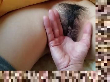 Playing with hairy pussy of petite Asian babe