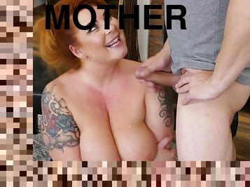 Sexy redhead mother with big booty gets cum on tits