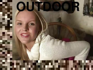 Sexy Blonde alone at farm - outdoors and indoors cock teasing with perky tits