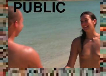 nudist, publik, strand, blottande