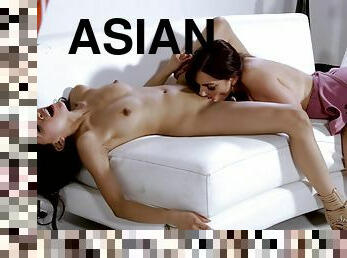 Tall Asian Flattie Enjoys Horny Lesbian Licking Her Pussy