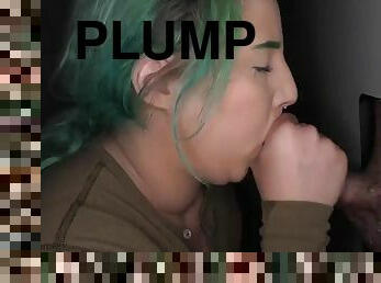 Green haired plumper showing off her cock sucking skills