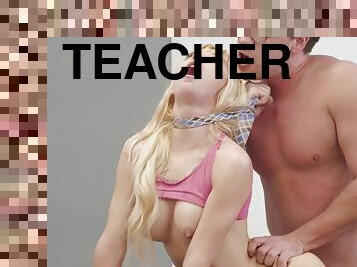 Sweet blonde cutie opens three holes for her teacher