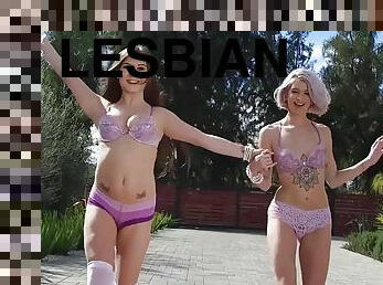 lesbian-lesbian, remaja, mainan, berciuman, berambut-pirang