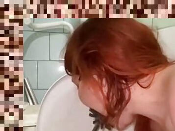 Licking a dirty toilet, toilet brush, saliva from the floor