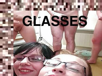 Teen in glasses taking cum on face