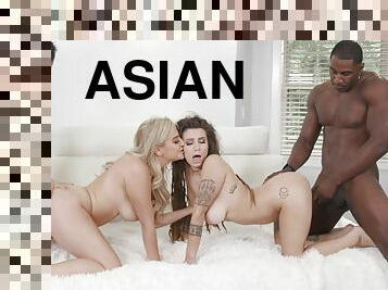 Interracial foursome orgy with blossomed Caucasian babes - cumshots