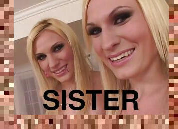 Blonde twin sisters take turns sucking a thick cock