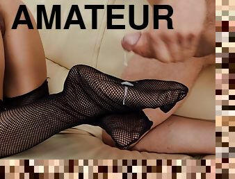 Buxom Brunette in Sexy Fishnet Stockings gets Cum on Feet - Tru Teases Her Boyfriend Erik Everhard