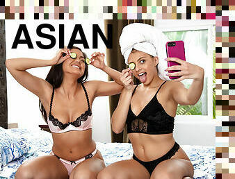 asiatisk, orgasm, fitta-pussy, lesbisk, kyssar, naturlig, vacker, underskön