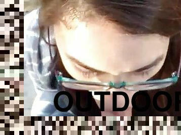 Nerdy Girl Gives Outdoor Cock Sucking And Swallows