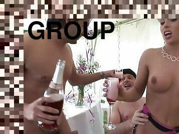 Group slutty chicks in lingerie having sex in garden party