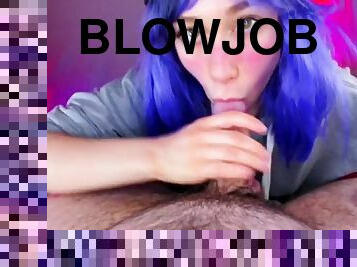 Very wet deepthroat blowjob from a blue haired pixie