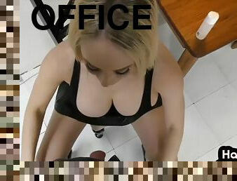 Jerking in the office Busty babe jerks off cock with oiled tits in the office POV