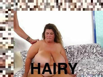 Hairy mature BBW Hayley Jane gets her huge boobs fucked