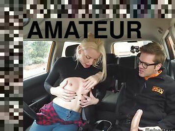 After driving class blonde fucks in car