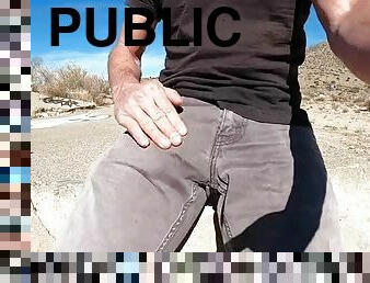 Shooting cum on gray pants in public