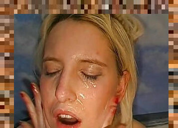 Blonde beauty gets covered in jizz