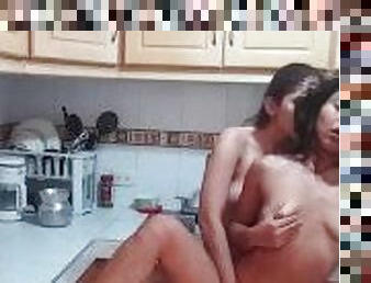 kissing my girlfriend's tits and caressing her pussy in the kitchen she loves my pussy