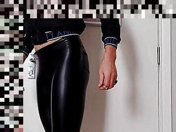 Dick jerked off in leather pants