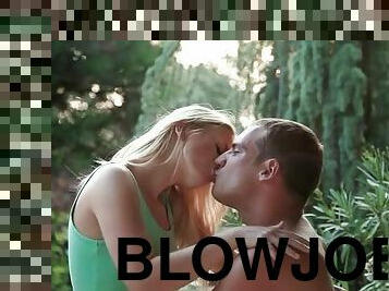 Beautiful kissing and blowjob in the backyard