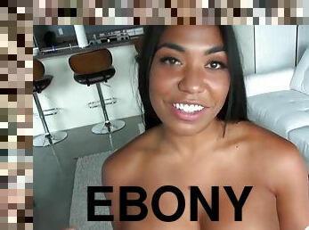 Cute tattooed ebony with big tits receives big facial