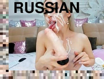 Russian blonde in sexy night dress doing anal and get bukkake all over pretty face