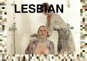 bañando, lesbiana, fetichista, ducha