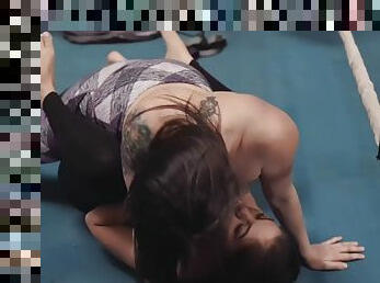 Asian lesbian babe strapon fucked in boxing ring by big babe babe