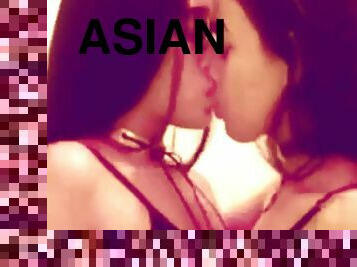 asiatisk, offentlig, lesbisk, homofil, kyssing, søster